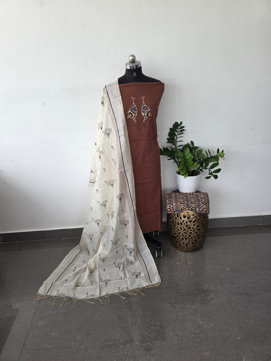 Premium applique cotton with kalamkari set - brown crane
