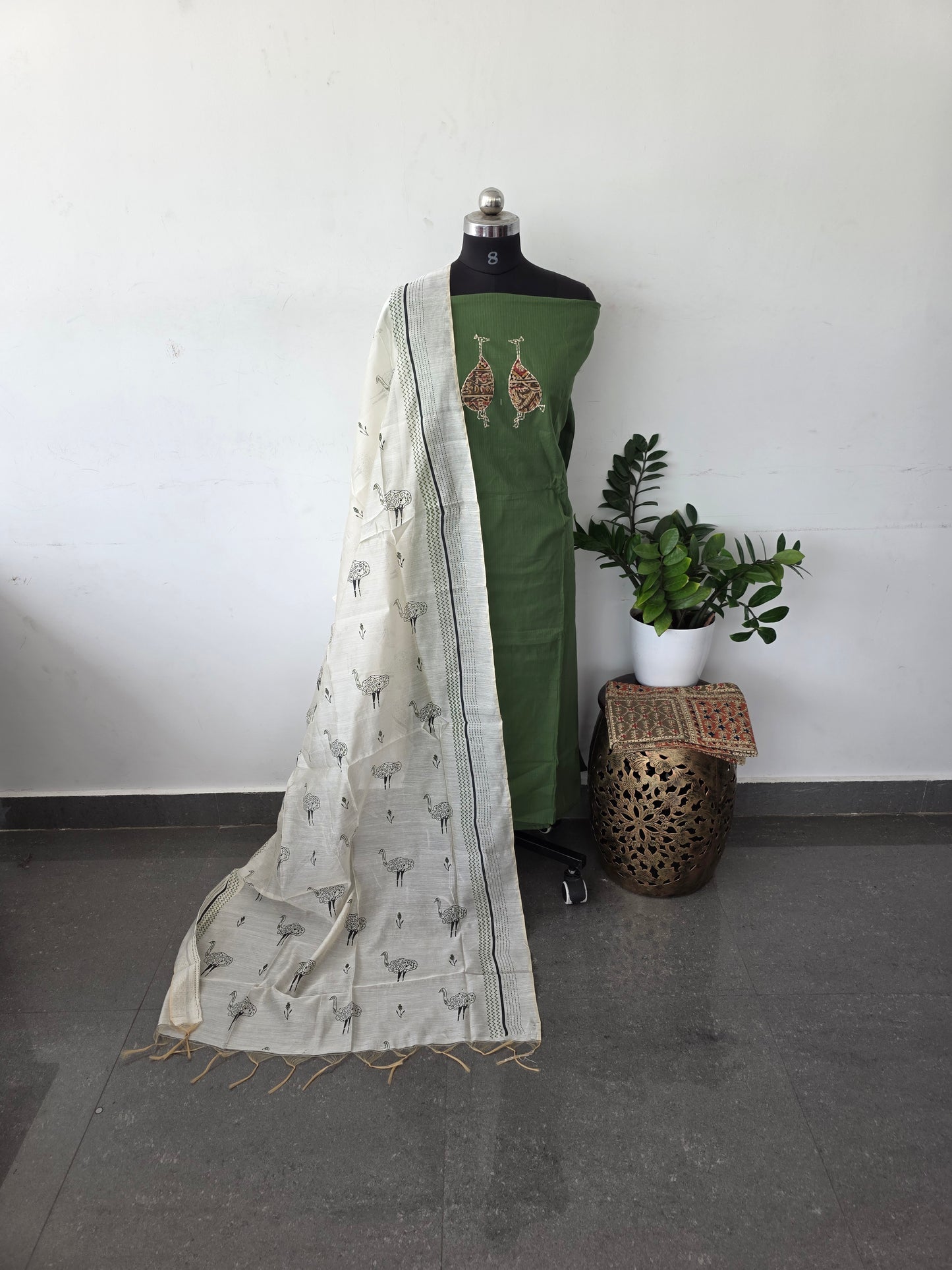 Premium applique cotton with kalamkari set - green crane