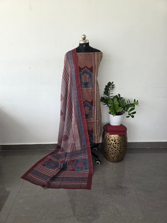 Premium ajrakh cotton set - dark pink