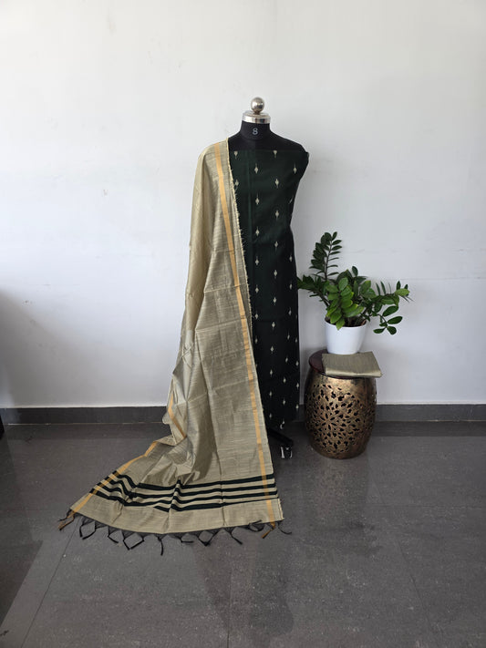 Slub silk with jacquard weave set - dark green