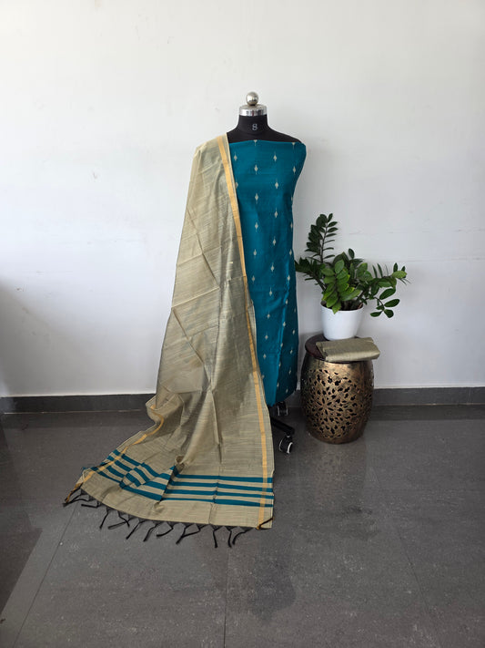 slub silk with jacquard weave set - Teal blue