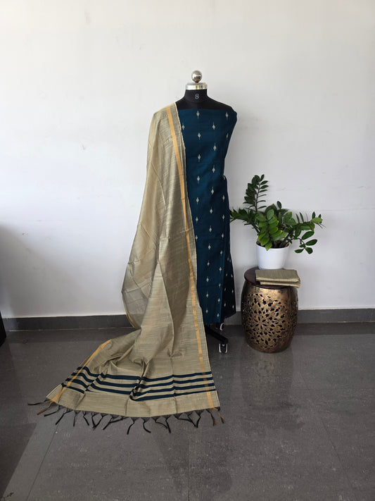 Slub silk with jauquard weave set - dark blue