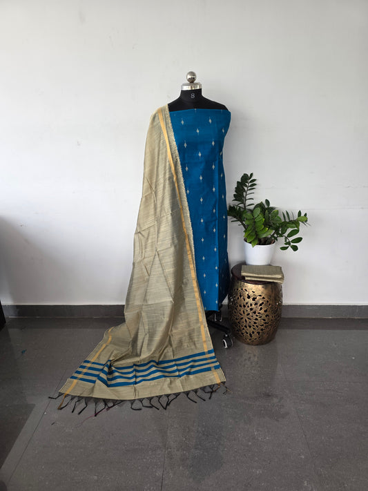 Slub silk with jacquard weave set - Royal blue