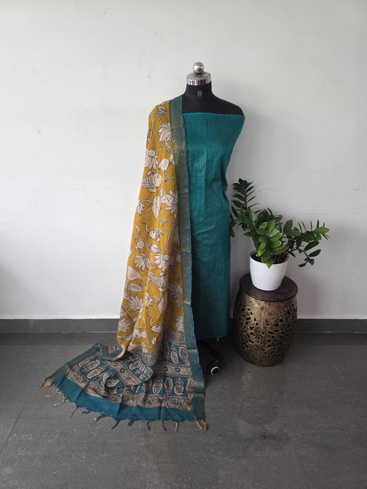 Premium semi raw silk top with pure kalamkari silk shawl - MX7