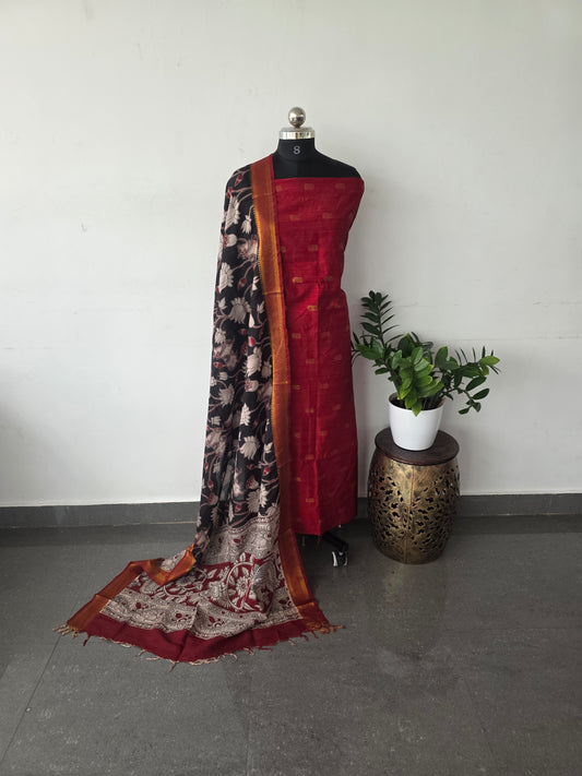 Premium semi raw silk top with pure kalamkari silk shawl - MX2