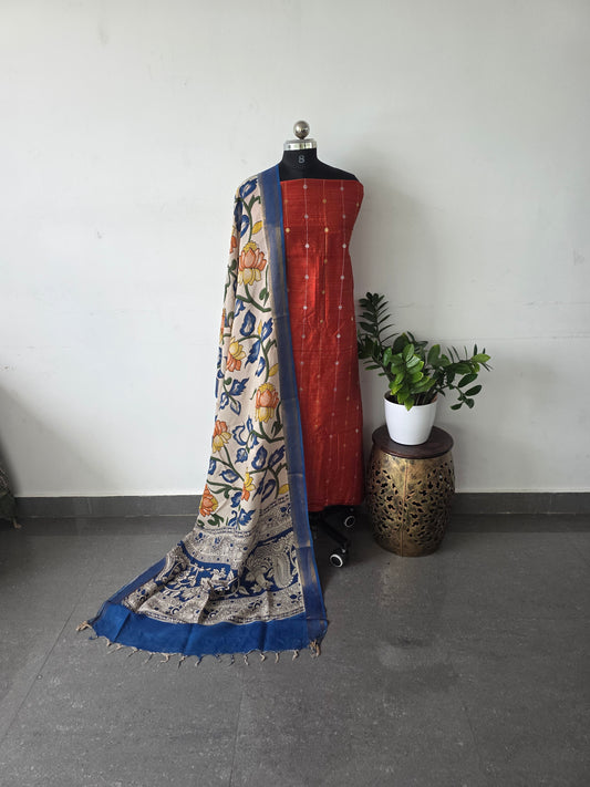 Premium semi raw silk top with pure kalamkari silk shawl - MX5