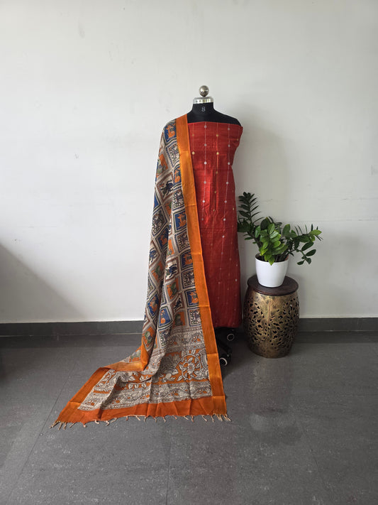 Premium semi raw silk top with pure kalamkari silk shawl - MX6