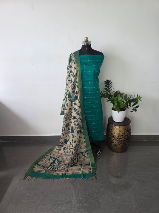 Premium semi raw silk top with pure kalamkari silk shawl - MX1