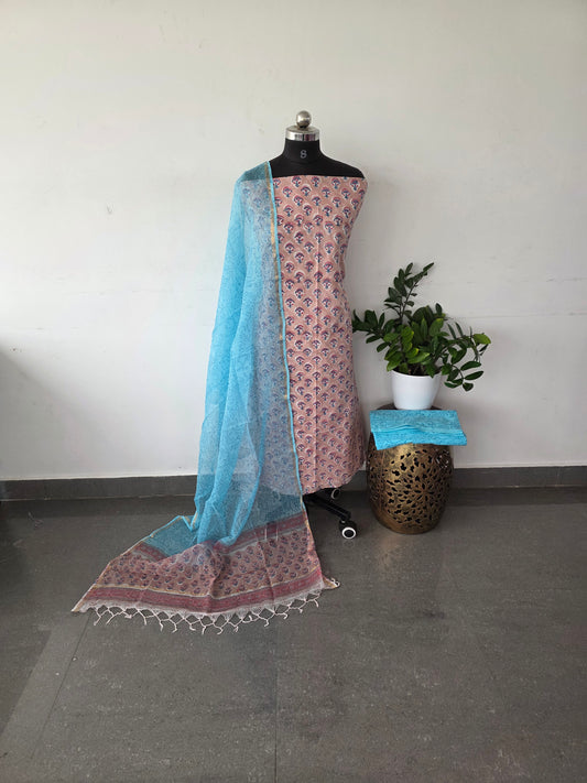 Handblock cotton set with kota shawl- Green floral HC6