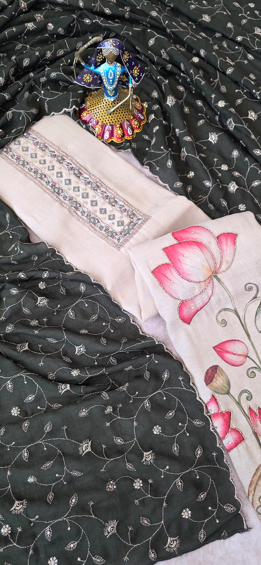 Premium shimmer silk set with embroidery vichitra silk shawl - Green duppatta