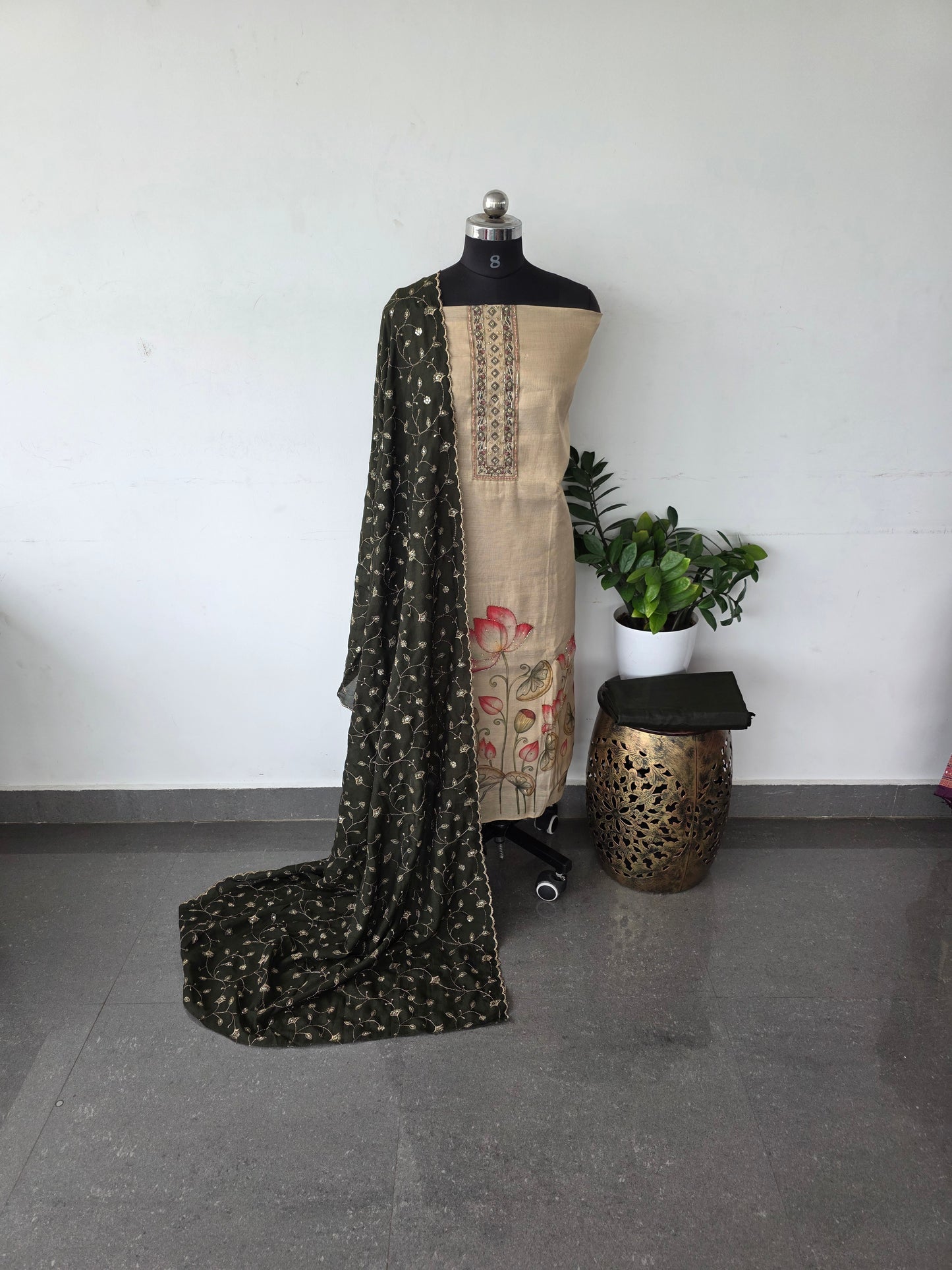 Premium shimmer silk set with embroidery vichitra silk shawl - Green duppatta