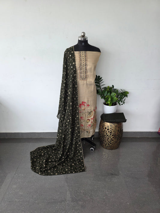 Premium shimmer silk set with embroidery vichitra silk shawl - Green duppatta