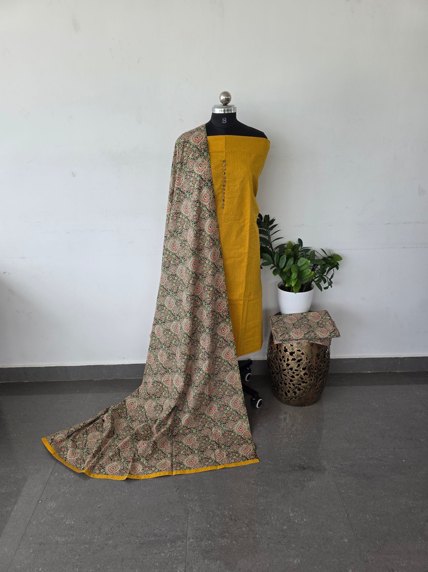 Handloom cotton top with ajrakh cotton set - Mustard