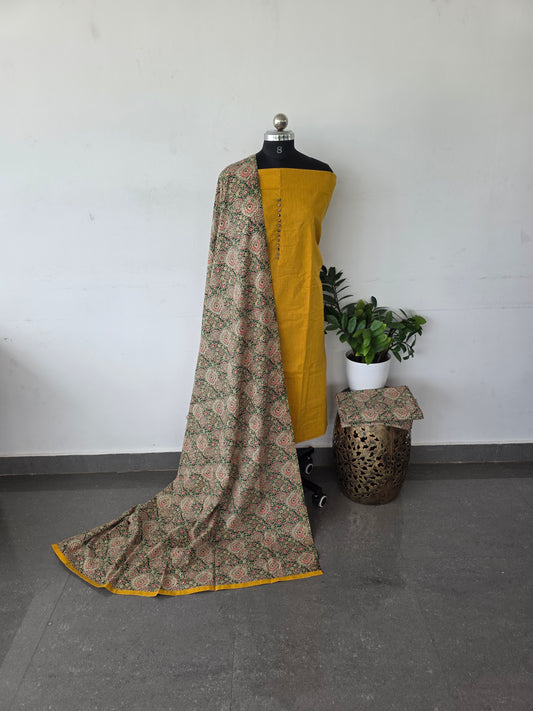 Handloom cotton top with ajrakh cotton set - Mustard