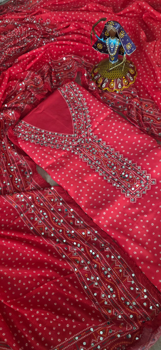 Party wear mirror muslin bandhini set - pink