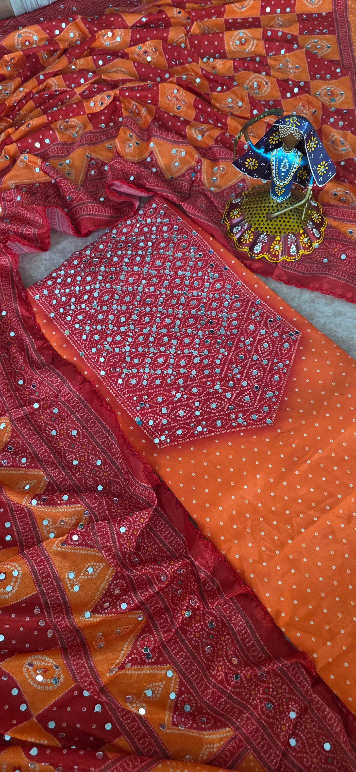 party wear mirror muslin bandhini set - orange
