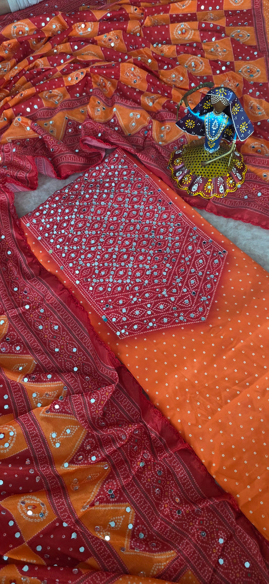 party wear mirror muslin bandhini set - orange