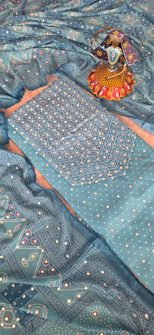 party wear mirror muslin bandhini set - blue