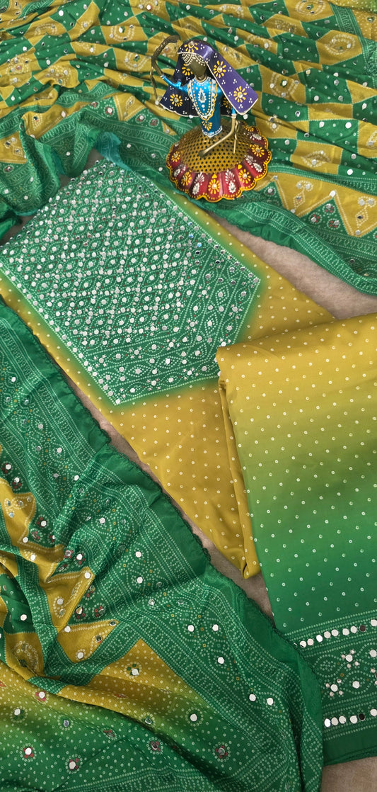 party wear mirror muslin bandhini set - green