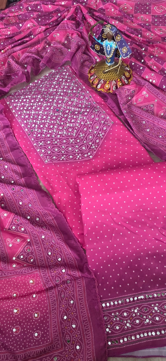 Party wear mirror muslin bandhini set -pink 2