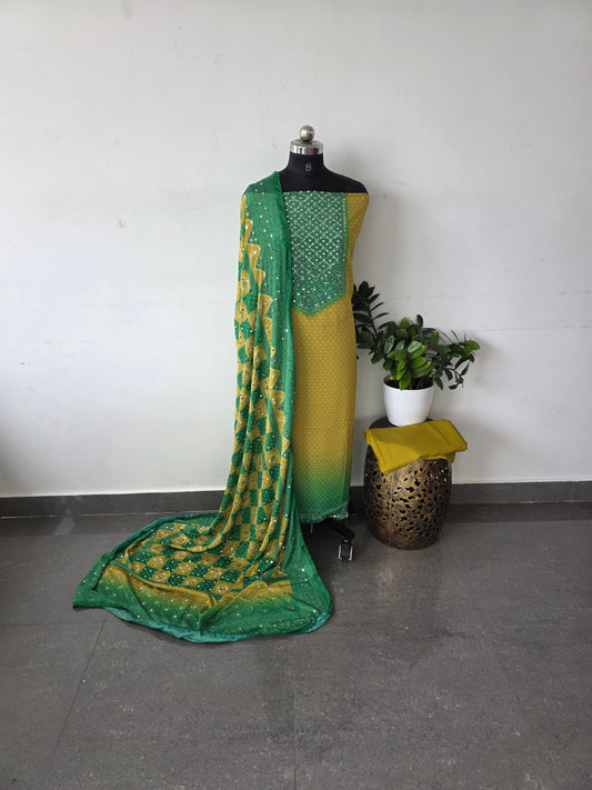 party wear mirror muslin bandhini set - green