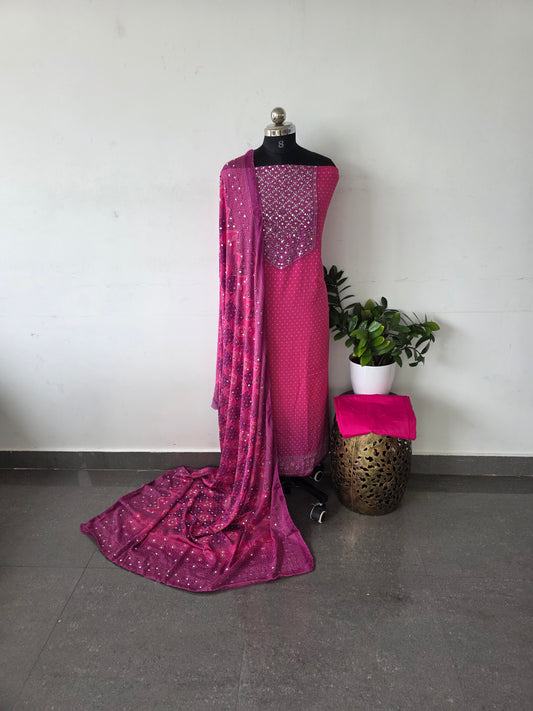 Party wear mirror muslin bandhini set -pink 2