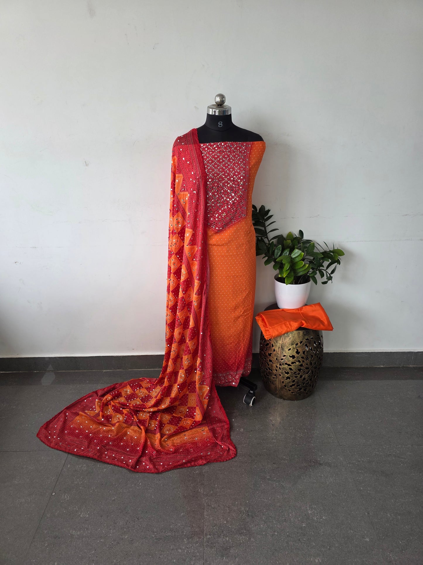 party wear mirror muslin bandhini set - orange