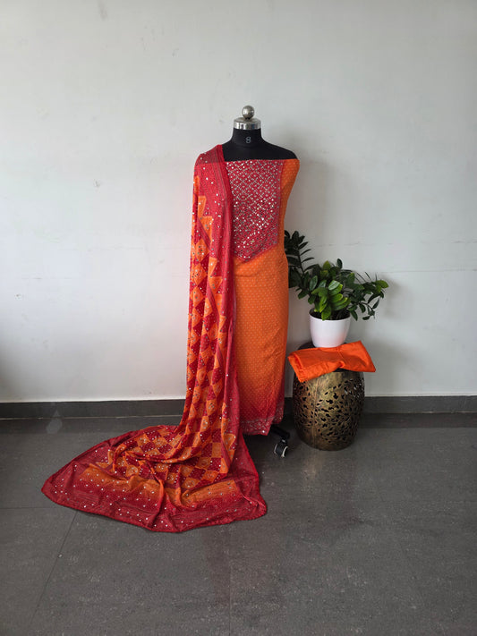 party wear mirror muslin bandhini set - orange