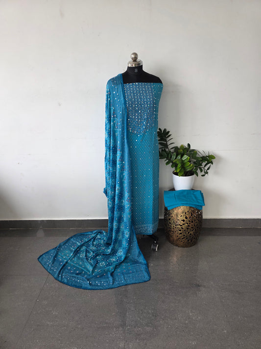 party wear mirror muslin bandhini set - blue