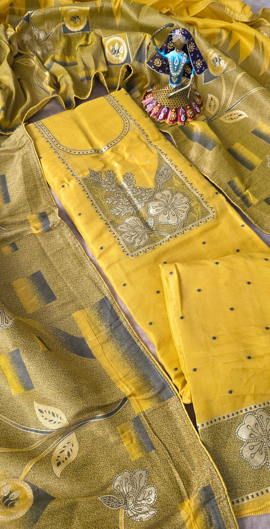 Premium fancy soft silk set - Mustard