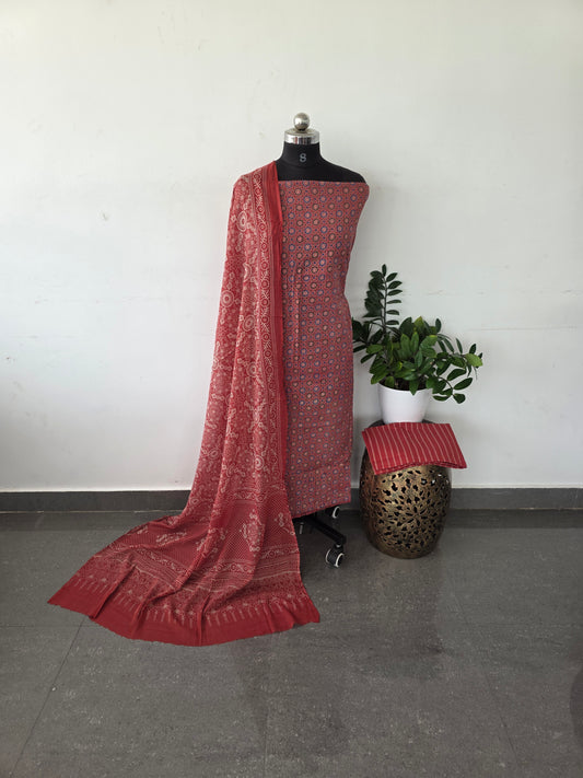 Soft kantha ajrakh cotton set - Red