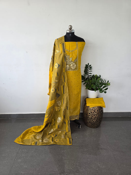 Premium fancy soft silk set - Mustard