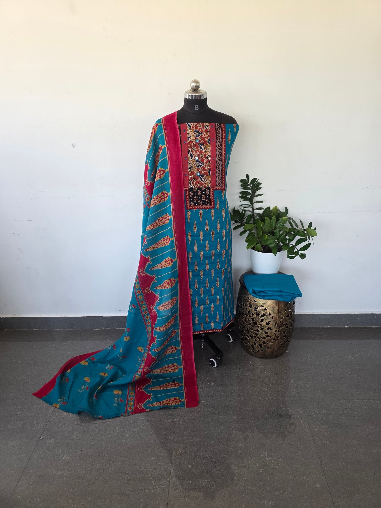 Premium kalamkari satin cotton set - blue 1