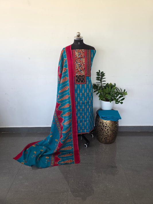 Premium kalamkari satin cotton set - blue 1