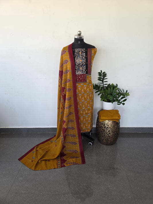 Premium kalamkari satin cotton set - mustard8
