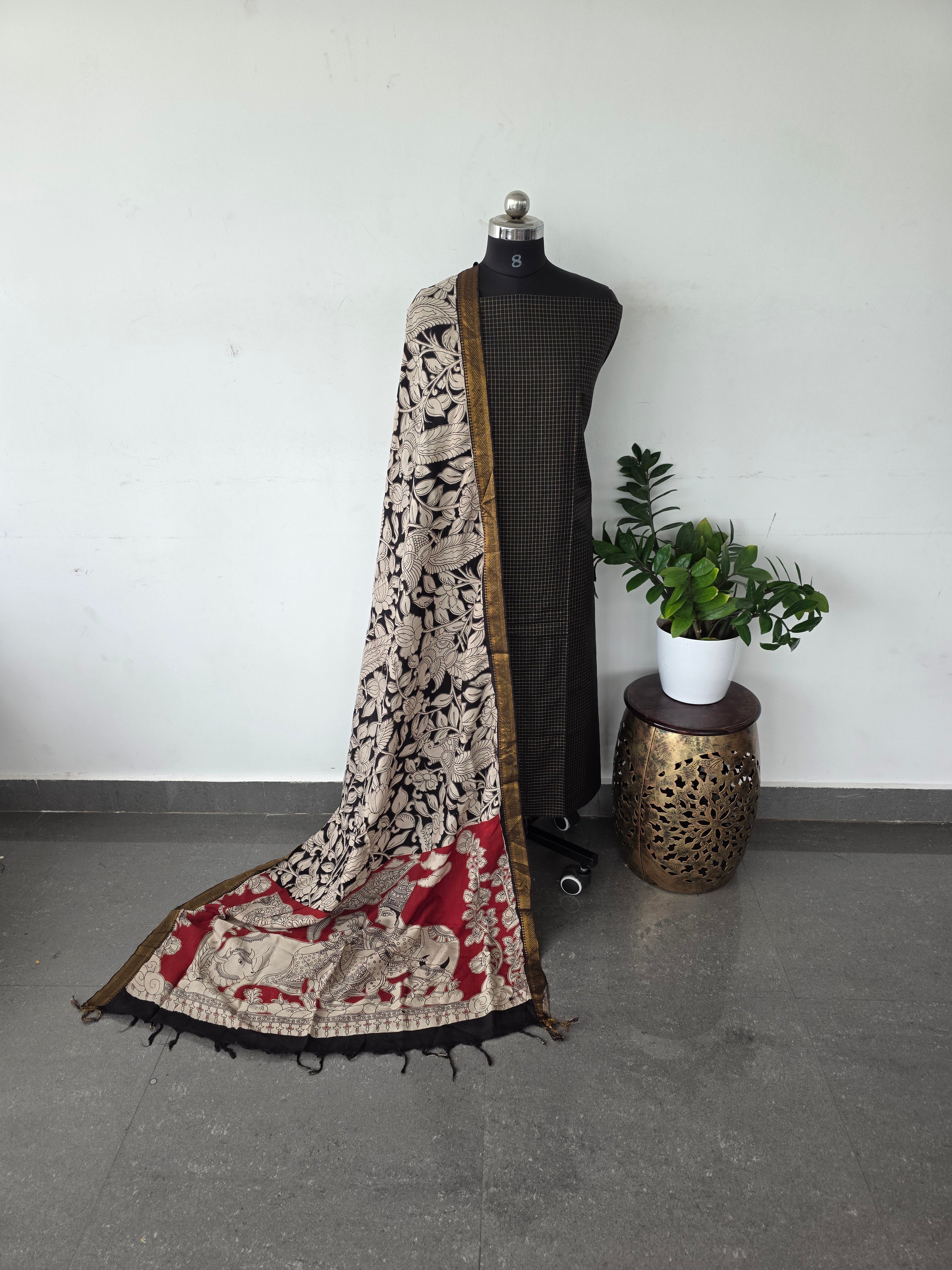 Premium semi raw silk top with pure kalamkari silk shawl - MX12
