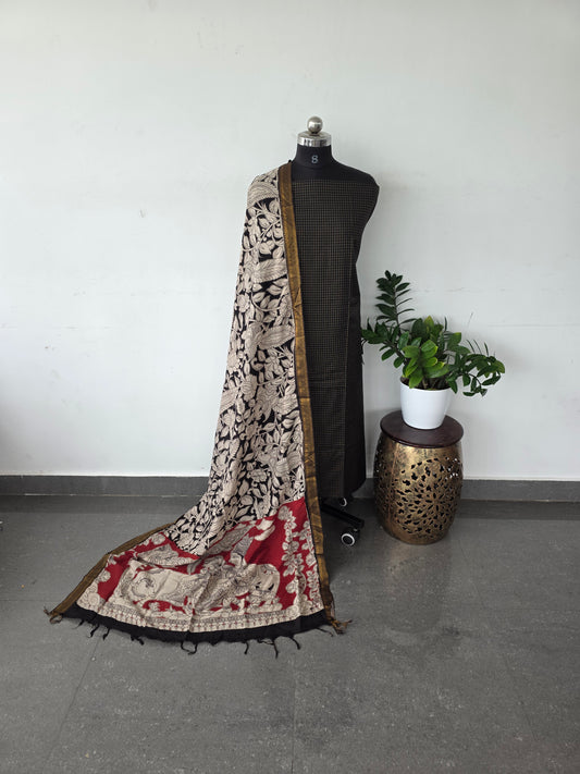 Premium semi raw silk top with pure kalamkari silk shawl - MX12