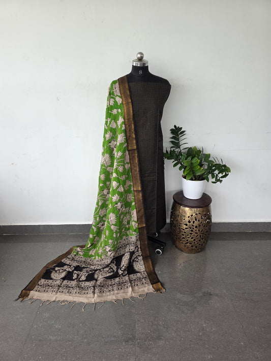 Premium semi raw silk top with pure kalamkari silk shawl - MX14
