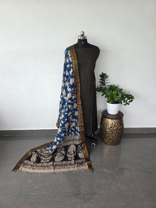Premium semi raw silk top with pure kalamkari silk shawl - MX15