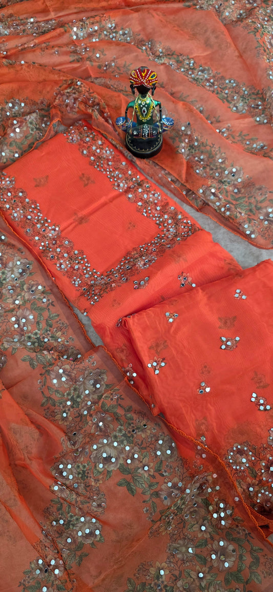 Party wear organza set with mirror work [ with lining ] set - orange