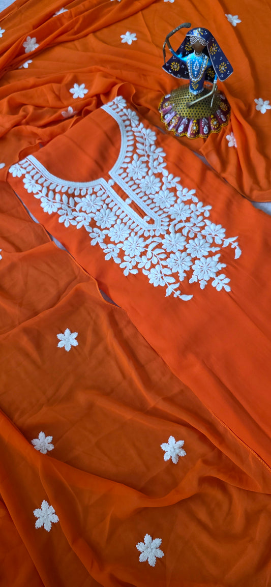 Premium georgette set with heavy embroidery work [ with lining ] set - orange