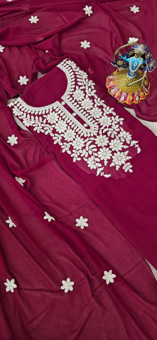 Premium georgette top with heavy embroidery work [ with lining ] set - maroon