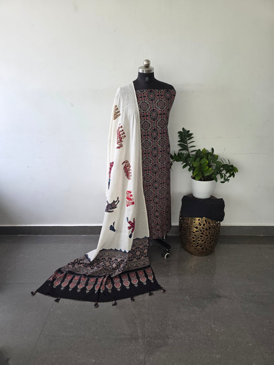 Premium ajrakh cotton set with pure cotton shawl with applique work - AA1
