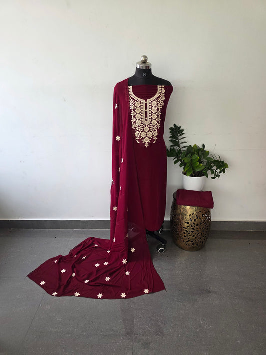 Premium georgette top with heavy embroidery work [ with lining ] set - maroon