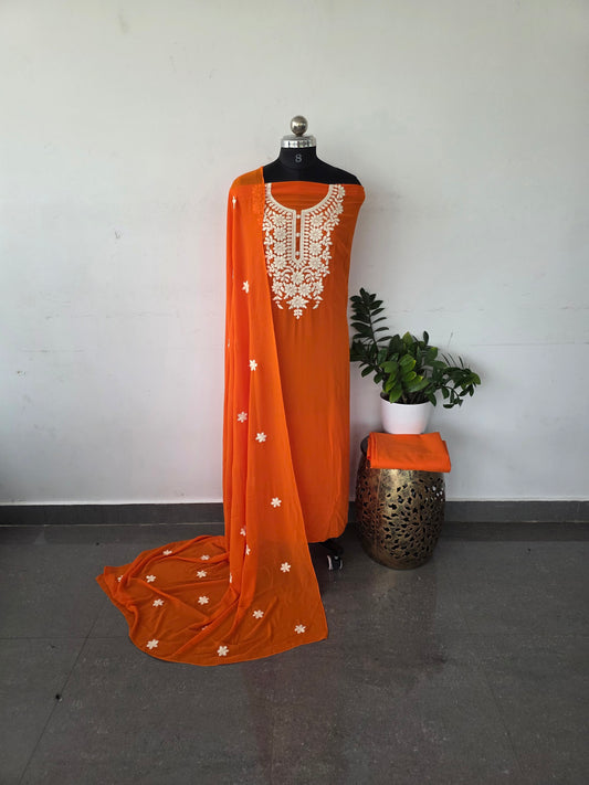Premium georgette set with heavy embroidery work [ with lining ] set - orange