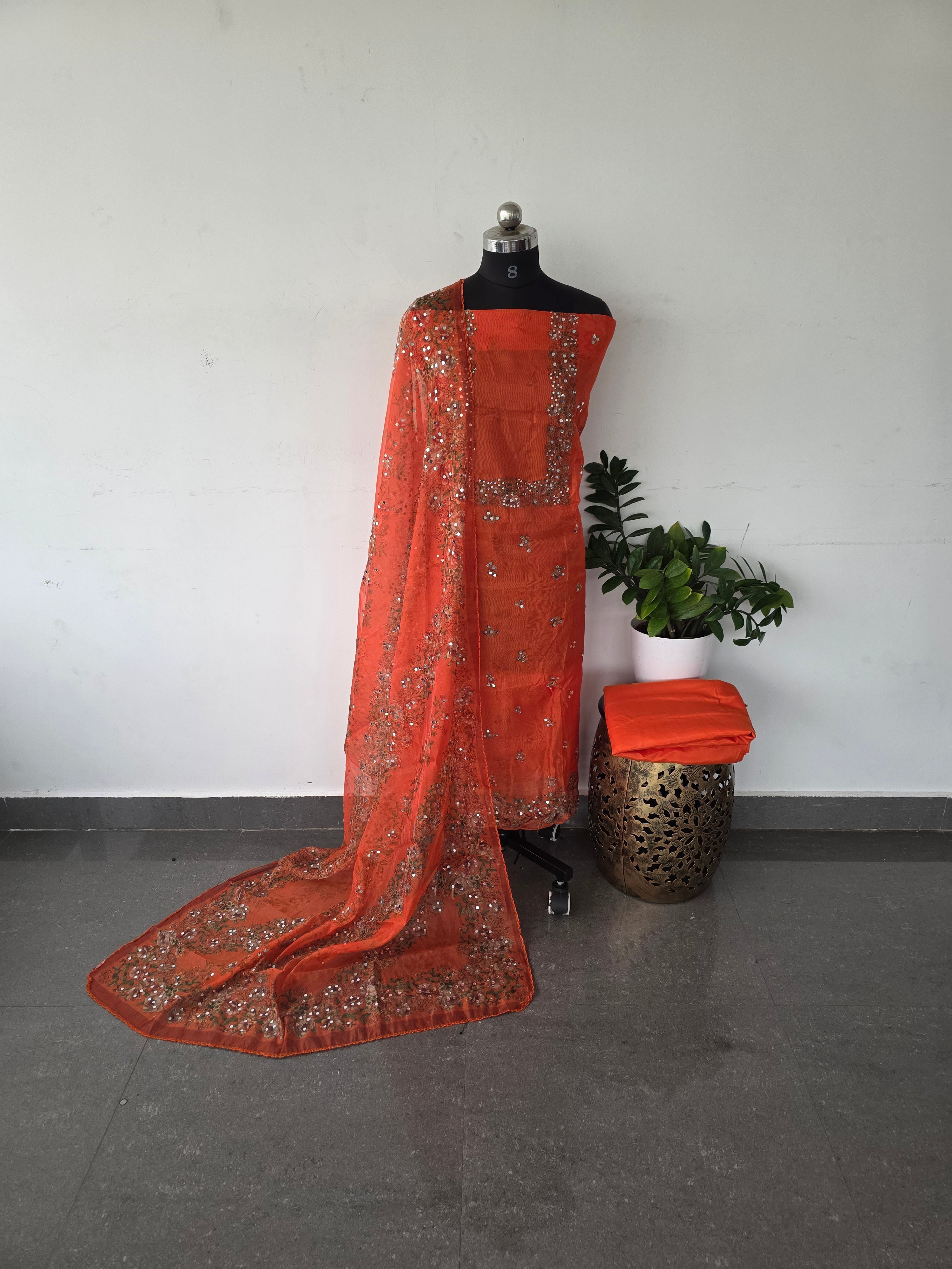 Party wear organza set with mirror work [ with lining ] set - orange