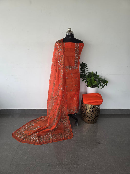 Party wear organza set with mirror work [ with lining ] set - orange