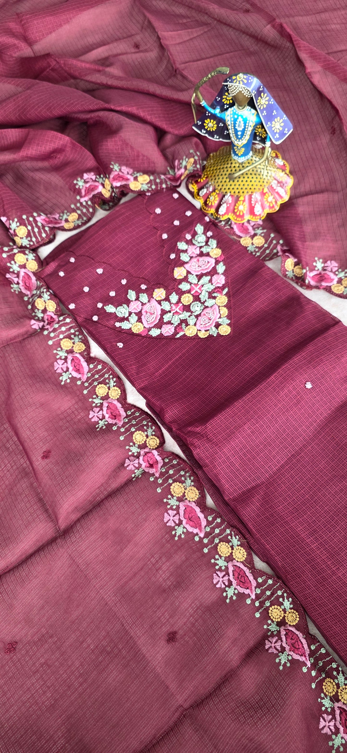 Premium parsley embroidery kota set [with lining ] set - maroon