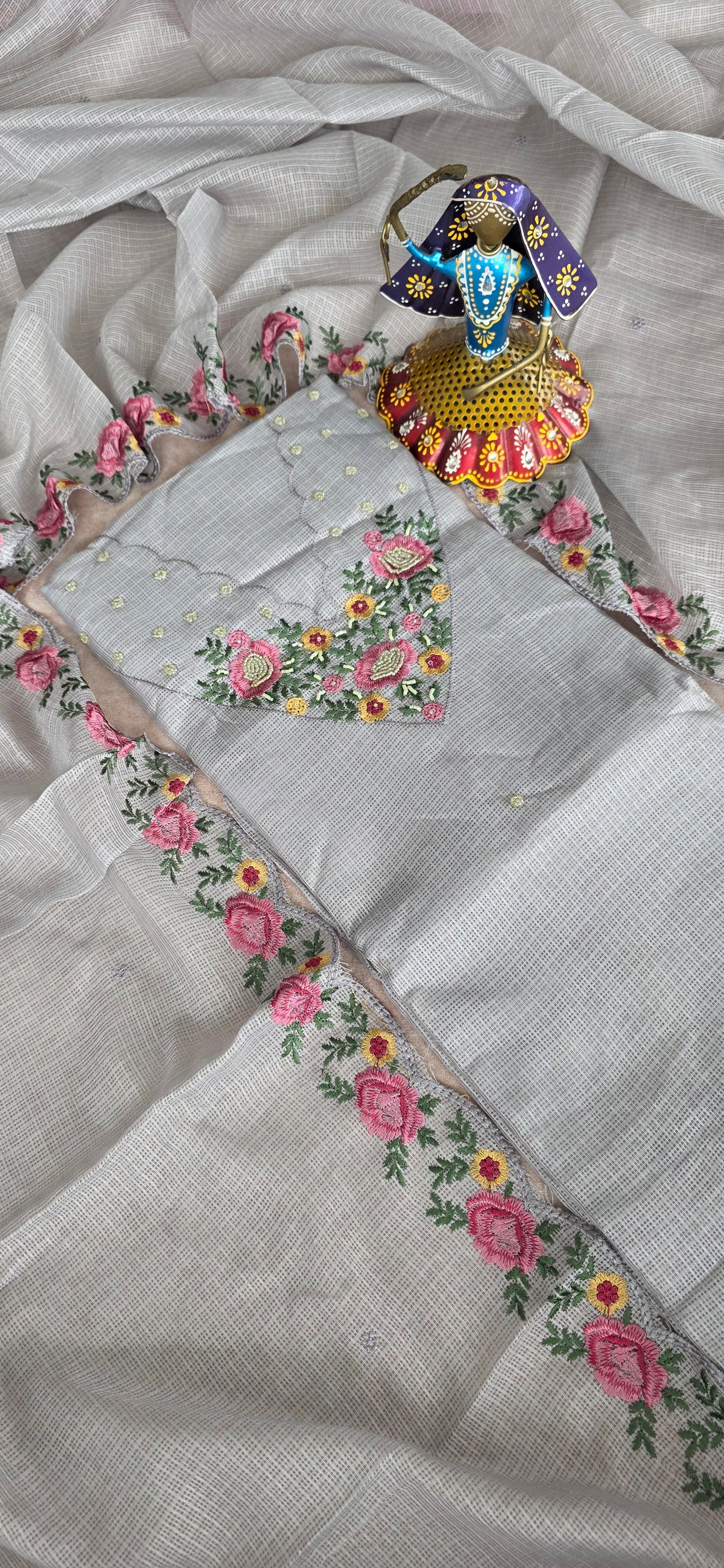 Premium parsley embroidery kota set [ with lining ] set - light gray