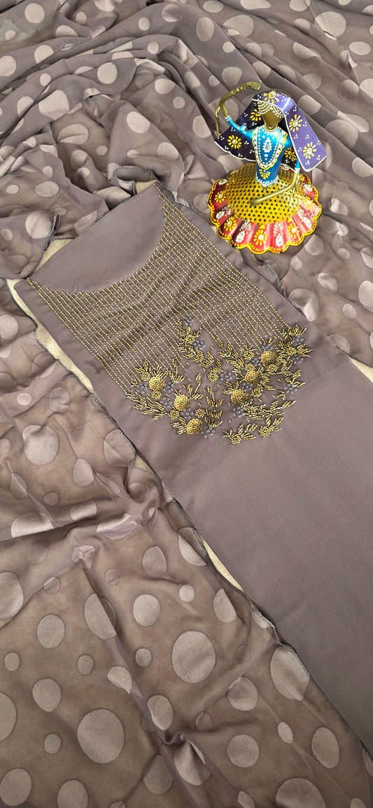 Premium heavy embroidery georgette set with brasso silk shawl [ with lining ] - GG1
